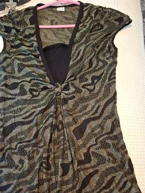 Tie-Front Metallic Black and Green Patterned Tunic